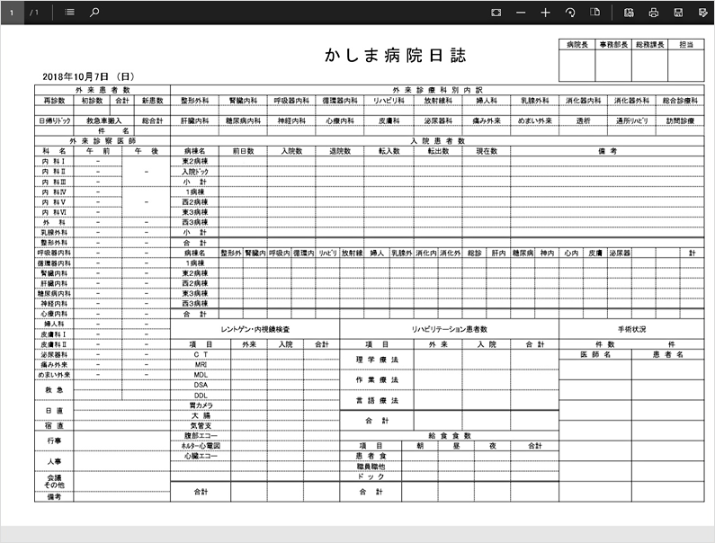 出力した病院日誌の画面