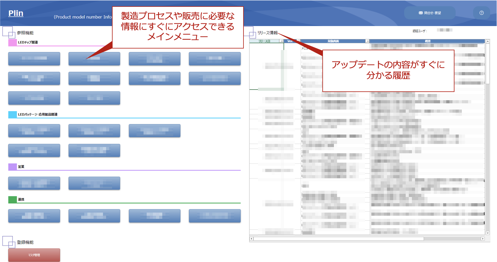 ▲Plinのメインメニュー。製造プロセスに必要な情報にアクセスしやすく整理された画面