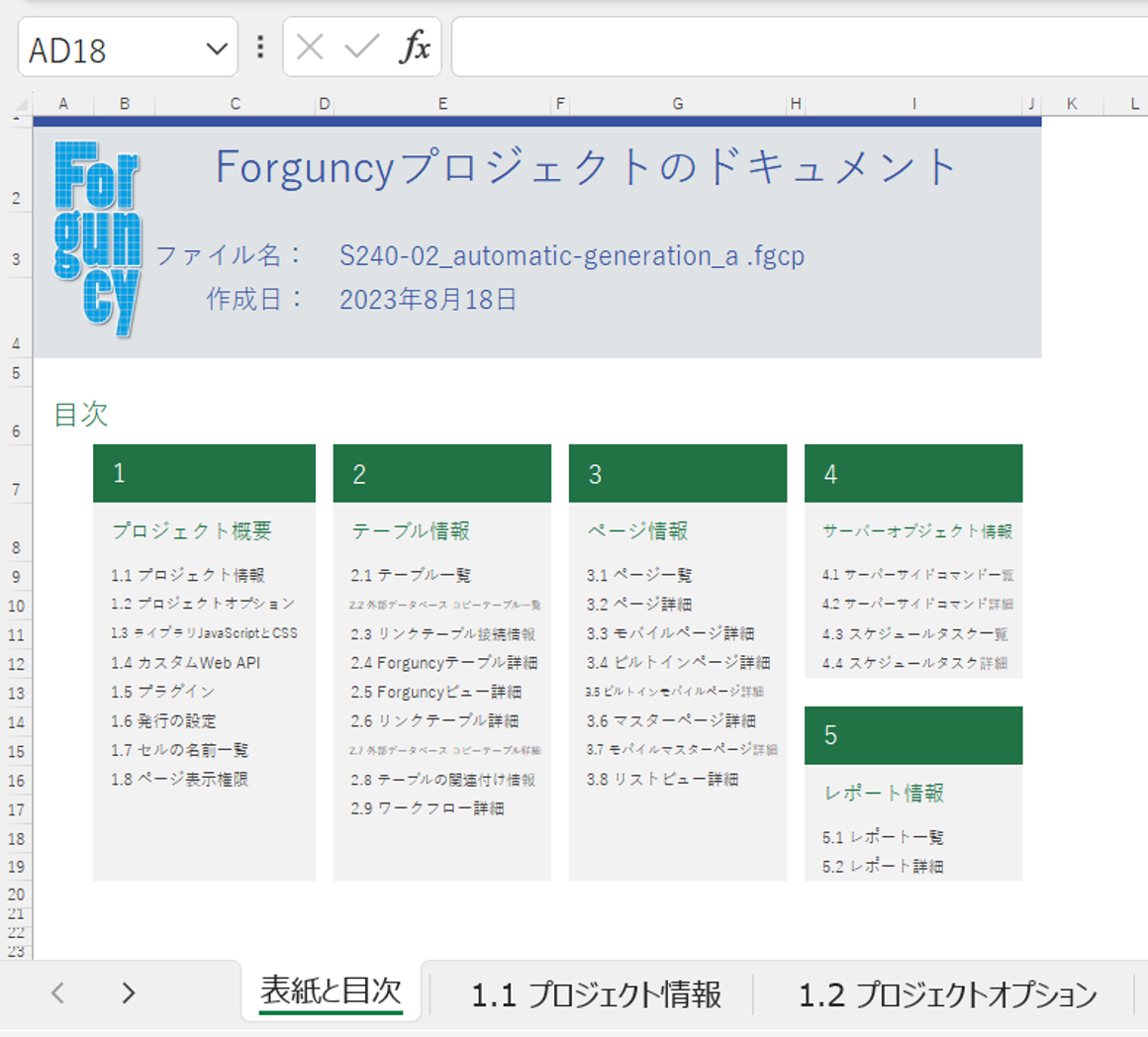 生成されるドキュメントの「表紙と目次」シート