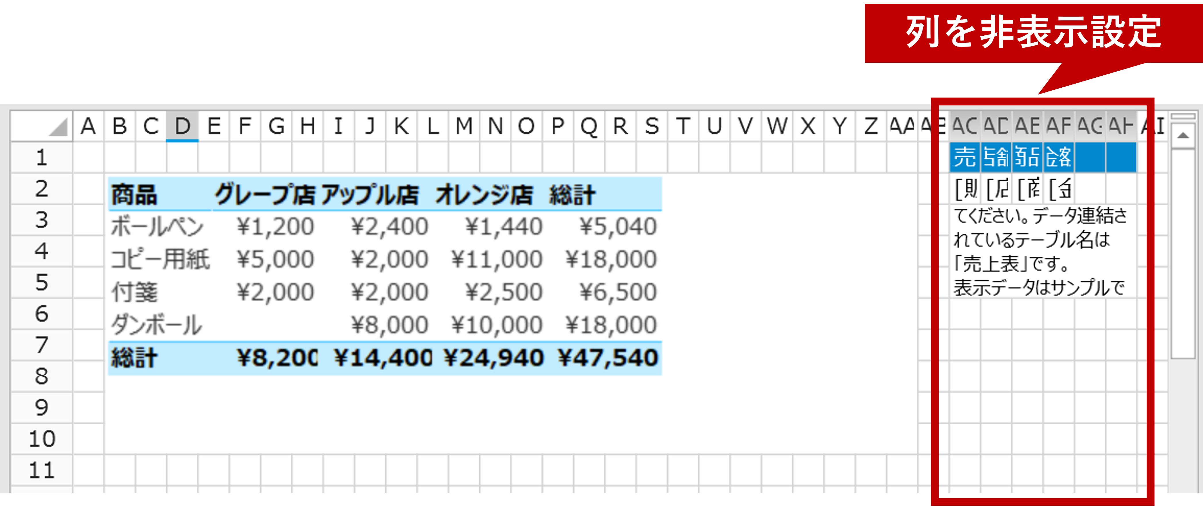 ピボットテーブルと非表示状態になっているリストビュー