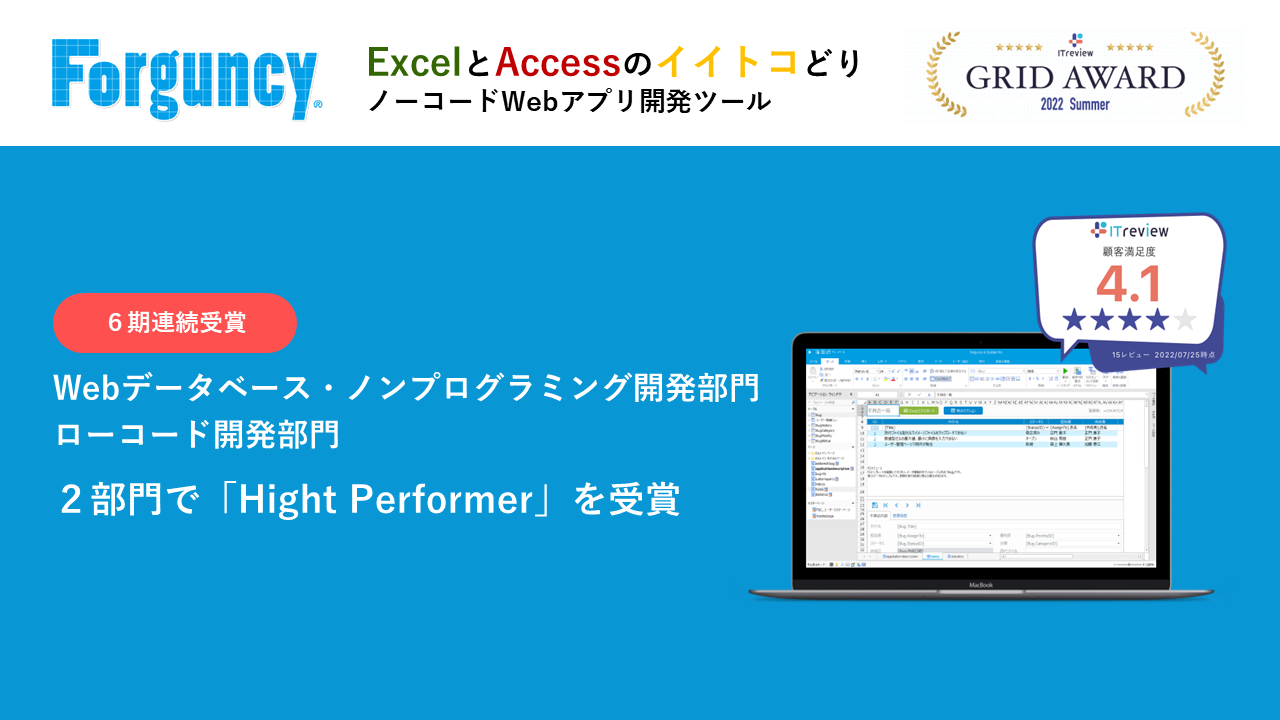 ノーコードWebアプリ開発ツール『Forguncy（フォーガンシー）』がWebデータベース・ノンプログラミング開発部門とローコード開発部門の２部門で「Hight Performer」を受賞