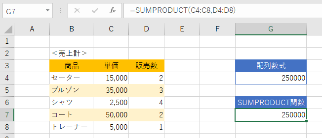 ２つの範囲同士のPRODUCT関数