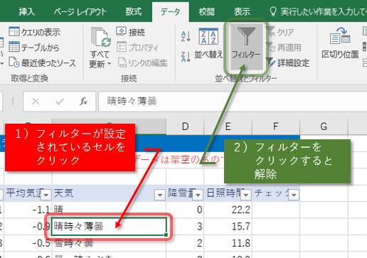 フィルターの解除