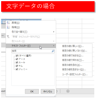 文字データの場合のフィルター