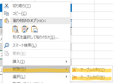 テーブルから削除