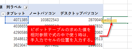 ピボットテーブルの集計値を手入力で参照指定する